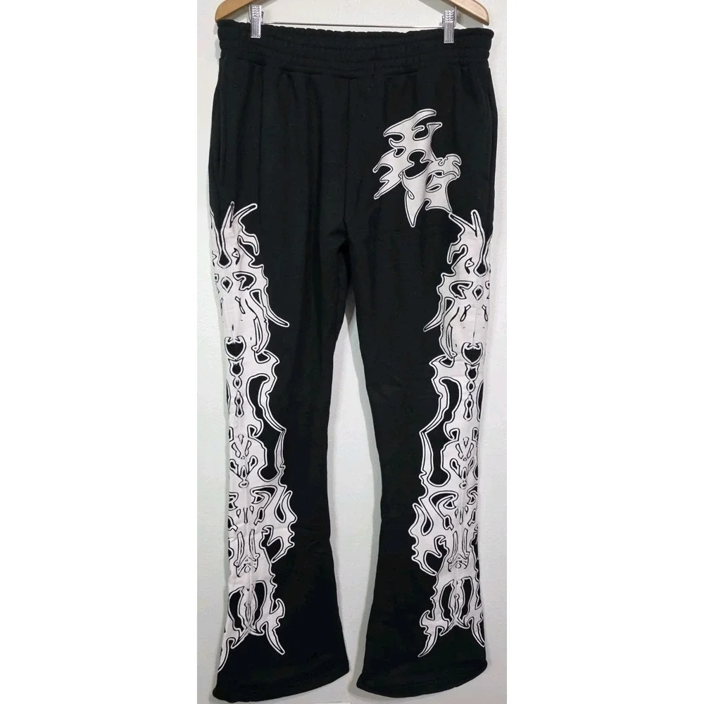 Heavens Gate Black Pants Flare Stacked Graphic Goth Streetwear Men XL Grunge EUC